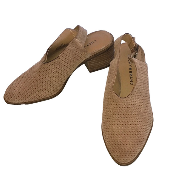 Lucky Brand Taupe Leather Slip On Block Heel Buckle Closer size 6.5 - Picture 3 of 6